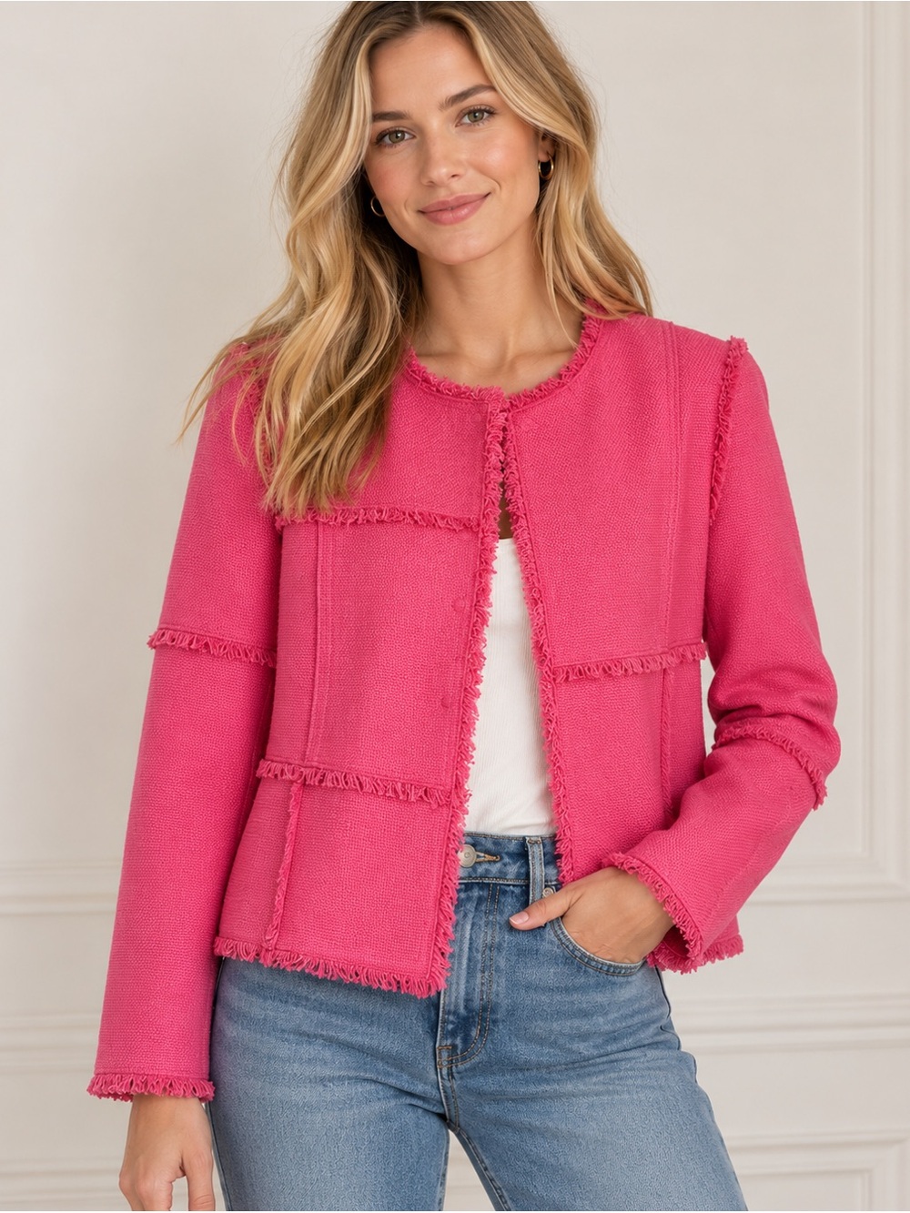 Worth New York 100% Silk Pink Frayed Trim Open Front Jacket Blazer Size 8